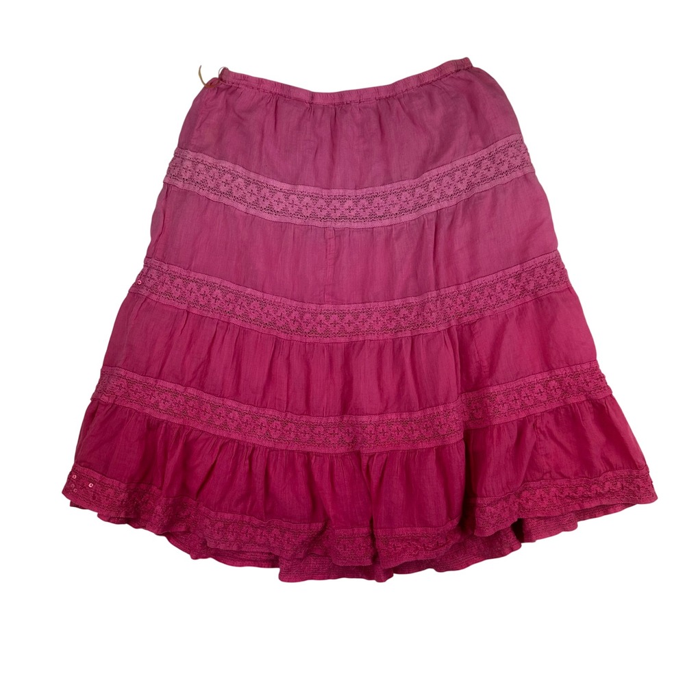 Derek Heart Pink Cotton Gauze Tiered Midi Skirt Boho Crochet Lace Sequin‎ M